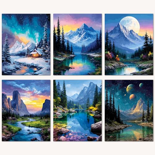Bougimal 6 Pack Paint by Numbers Kit for Beginners, 11" W x 14" L Mountain and Water DIY Acrylic Paint Set on Canvas Without Frame in Box, Kids Paint by Numbers Kits for Home Decor & Birthday Gift - color: Mountain and Water, size: 11" W x 14"L