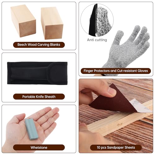 21PCS Foldable SK5 Steel Wood Carving Knife Set with Storage Bag & Gloves | SK5 high carbon steel, sharpening stone sandpaper & beech blanks, cut-resistant gloves, for DIY whittling woodworking crafts