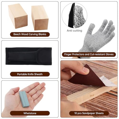 21PCS Foldable SK5 Steel Wood Carving Knife Set with Storage Bag & Gloves | SK5 high carbon steel, sharpening stone sandpaper & beech blanks, cut-resistant gloves, for DIY whittling woodworking crafts