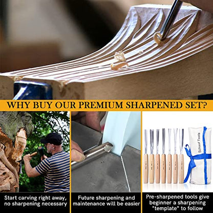 7-pc Wood Chisel Set with Gouges, Hand Sharpened | Professionally sharpened carving chisels for beginners, sculpture and relief carving, ergonomic handles, tutorials included - color: Professionally Sharpened 7 Piece Set