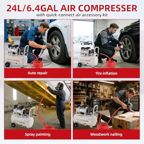 Ultra Quiet Air Compressor, Only 60dB, 6.4 Gallon Tank, Oil-Free, 110V/60Hz 2HP, 6.71CFM@115PSI, Air Compressor Perfect for Spray Painting, Auto Repair, Tire inflation, Woodwork nailing - size: 6.4 Gallon