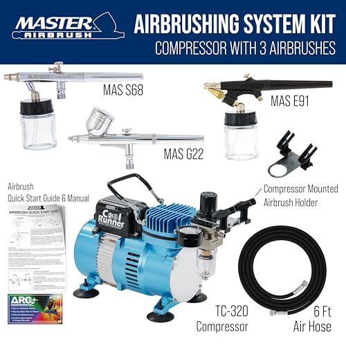 Master Airbrush Cool Runner II Dual Fan Airbrushing System Kit - Air Brush Kit with Air Compressor & 3 Airbrushes, 0.3 mm Gravity & 0.35, 0.8 mm Siphon Feed, Holder & Learning Guide Manual