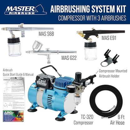 Master Airbrush Cool Runner II Dual Fan Airbrushing System Kit - Air Brush Kit with Air Compressor & 3 Airbrushes, 0.3 mm Gravity & 0.35, 0.8 mm Siphon Feed, Holder & Learning Guide Manual