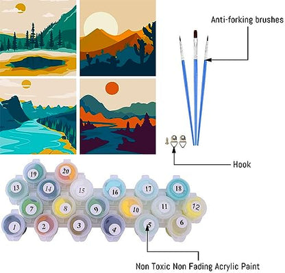 FQOVKYN 4 Pack Sunset Paint by Number for Adults Beginners, DIY Landscapes Paint by Numbers on Canvas, Acrylic Easy Painting by Numbers Oil Painting Kits for Home Wall Decor (8x8in)