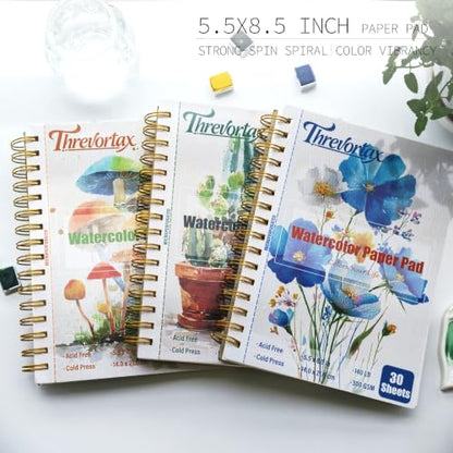 Threvortax 5.5 x 8.5 in Watercolor Sketchbook 3 Pack (90 Sheets) 140lb/300gsm Cold Press Spiral Bound Watercolor Paper Pad