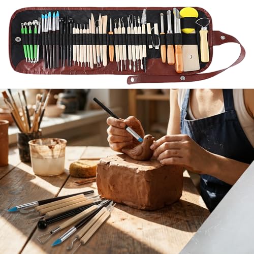 Kenaeooe 42 PCS Pottery Tools Kit Professional Clay Sculpting Tools Set with Leather Roll Bag for Polymer Clay, Ceramic, Modeling, Carving, Trimming, and Shaping for Artists and Beginners