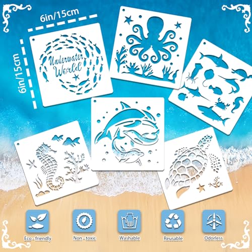 SUNFEEL 25Pack Ocean Stencils for Painting – Painting Templates 6 x 6 in and 6 x 6 in Reusable Painted Painting Stencils， Stencils for Painting On Wood and Canvas, DIY Crafts Andfurniture - style: Ocean