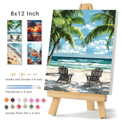 4 Pack Framed Paint by Numbers Kit for Adults Beginner Canvas Painting by Numbers for Adults Beach Easy Adult Paint by Number Kits with Frame Sea Turtle Watercolor Painting by Number 8x12 Inch - color: YFf0104