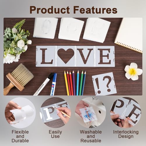 Amrules 65 Pcs Painting Stencils, Letters Numbers and Symbols, 4 x 4 Inch | Plastic, Reusable, Interlocked Design, Drawing Templates Set Fit for Wood, Walls, Fabrics, Rocks, Home Decoration - style: Letter