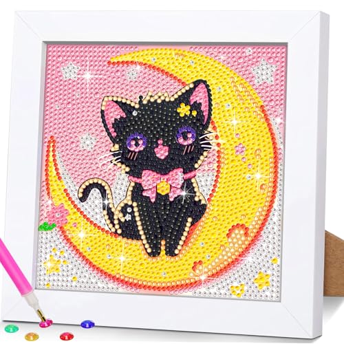 SuanFA Cat Diamond Art Kits for Adults with Frame, Moon Diamond Painting Kits for Kids,Full Round Drill Gem Painting Kit with Colorful Box for Decoration and Gift(15x15 cm/6x6 inch) - color: A004-Cat