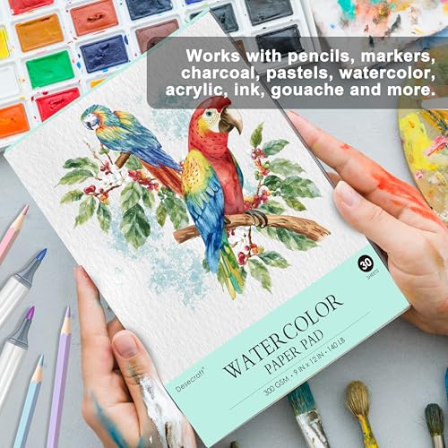 Desecraft Watercolor Paper Pad 9x12 Inch, 30 Sheets 140lb/300gsm Cold Press, Acid-Free Heavyweight Artist Sketchbook for Watercolors, Acrylics, Gouache, Ink & Mixed Media Painting and Drawing