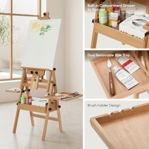 MEEDEN Painting Easel with Storage and Tray: H-Frame Beech Wood Art Easel | Easel Stand for Adults, Artists, Students, Beginners - Adjustable 50"-80" H, Holds Canvas Up to 47 Inches - color: Natural