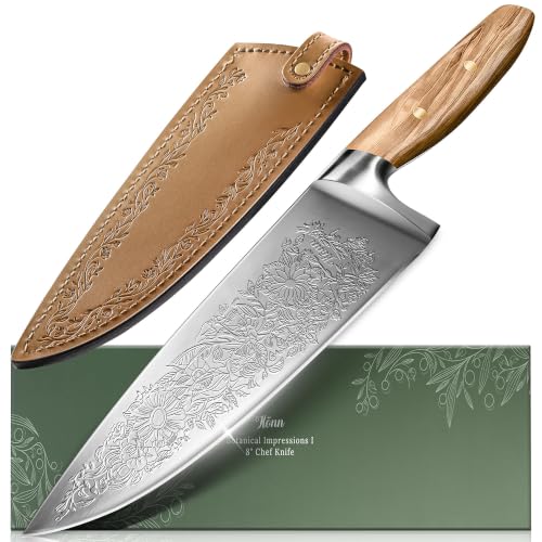 Chef Kitchen Knife 8", Embossed Botanical Blade, Olive Wood Handle | Created in collaboration with a German designer. Includes leather sheath and gift box for elegant presentation