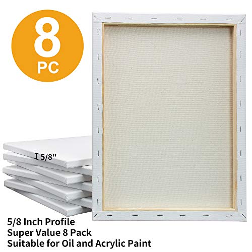 Stretched White Blank Canvas - 12 x 16 Inch, Bulk Pack of 8, Primed, 100% Cotton, 5/8 Inch Profile of Super Value Pack for Acrylics,Oils & Other Painting Media. - size: 12"x16"