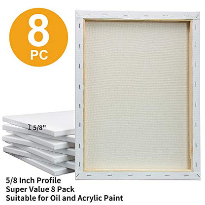 Stretched White Blank Canvas - 12 x 16 Inch, Bulk Pack of 8, Primed, 100% Cotton, 5/8 Inch Profile of Super Value Pack for Acrylics,Oils & Other Painting Media. - size: 12"x16"