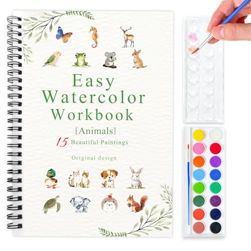 SLWBZ Watercolor Workbook Animals, 15 Different Patterns of Original DIY Designs, 16 Color Watercolor Paint Plates with Palette and Brush, Beginner-Friendly Watercolor Workbooks, Animals - color: Animal, size: with palette
