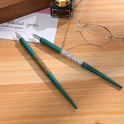 Professional Manga Gothic Pen Dip Pen Calligraphy Drawing Pen Kit, 2 Pen Holders Handles, 7 Nibs (2 Fountain Pen Nib, 5 Flat Nib) - Silver and Bronze - color: Silver and Bronze
