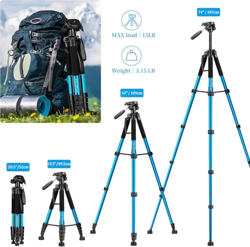 JOILCAN Tripod Camera Tripod, 74" Tripod for Camera Cell Phone | with Phone Holder for Video Recording, Heavy Duty and Tall, Travel Tripod Compatible with DSLR Canon iPhone, Max Load 15 LB - color: Blue, size: 74"