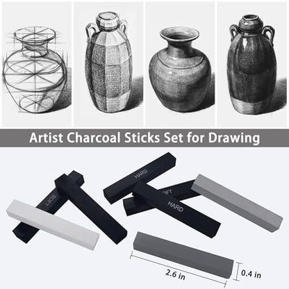 24 Pcs Compressed Charcoal Sticks with Soft, Medium, Hard and White Charcoal, Square Charcoal Stick Kit for Drawing, Sketching and Shading (12 Black + 4 Gray + 8 White) - color: 12 Black + 4 Gray + 8 White