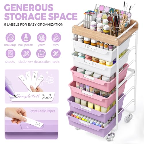 SYKIARIOL Utility Cart with 6 Labeling Drawers and Wooden Tabletop - color: Dreamy Color, size: 6-Drawer