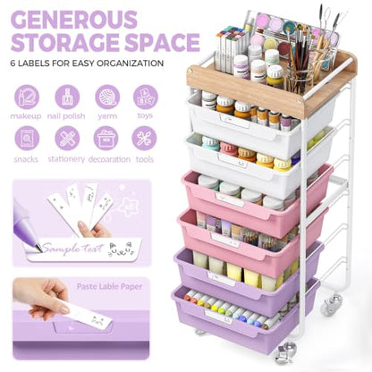 SYKIARIOL Utility Cart with 6 Labeling Drawers and Wooden Tabletop - color: Dreamy Color, size: 6-Drawer