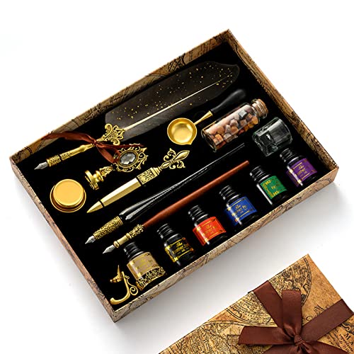 Joyeee Antique Quill Pen Set, with Quill Nibs, Glass Dipped Pen, Wooden Dip Pen, Fire Lacquer Wax Beads, Spoon, Seal Stamp, Pen Base, Cup & Ink Set, Best Gifts for Men & Dad #84 - color: Grey