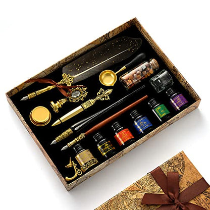 Joyeee Antique Quill Pen Set, with Quill Nibs, Glass Dipped Pen, Wooden Dip Pen, Fire Lacquer Wax Beads, Spoon, Seal Stamp, Pen Base, Cup & Ink Set, Best Gifts for Men & Dad #84 - color: Grey
