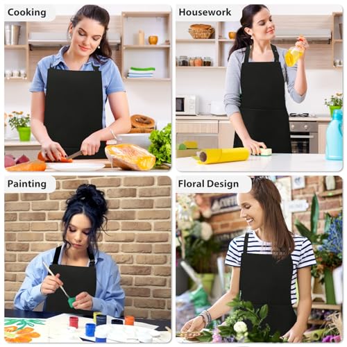VALOME 2 Pack Kitchen Aprons with Pockets, Cooking Chef Apron for Men Women | Adjustable Neck Strap, Unisex Bib Soft Aprons, Cotton-Blend, for Grilling Cooking Gardening Baking - color: Pure Black & Black