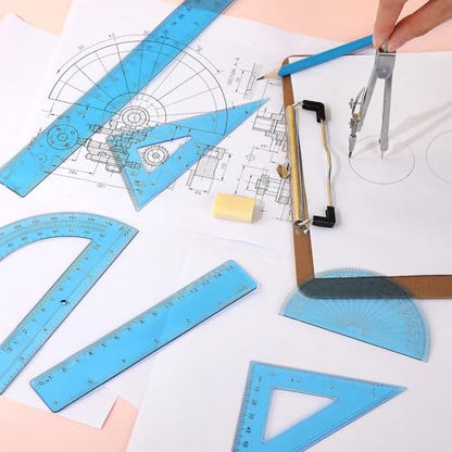 Zonon 7‑Piece Geometry Set with Drawing Compass, 6 & 4 Inch Protractors, Triangle Rulers and Straight Rulers, Transparent Math Drafting Supplies for Back to School, Students and Office Use(Blue) - color: Blue