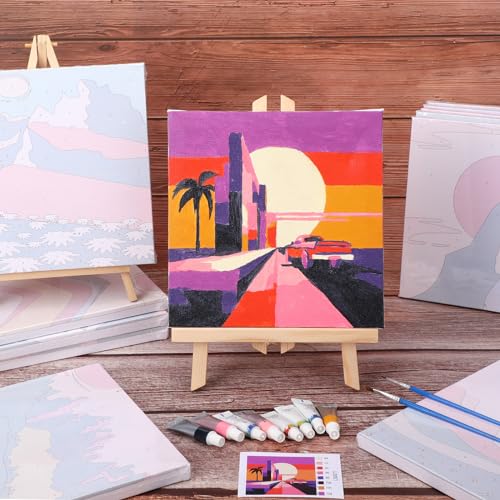 Nezyo 12 Sets Paint by Numbers Kit with Frame, Acrylic Canvas 8x8in | Beginner Friendly DIY Sets for Painting Party Classroom Birthday Gifts, Includes Numbered Canvases Brushes Paints - style: Travel