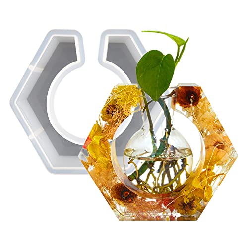 Silicone Resin Mold for Plant Propagation Station,Hexagon Planter Epoxy Mold for Hydroponic, with Plastic Bottle for Home Garden Wedding Desk Decoration - size: Hexagon