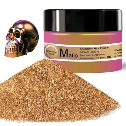 Matio Chameleon Mica Powder, 1.06oz/ 30g Sunshine Beach Chrome Powder | Pearlescent Effect Color Shift Pigment for Resin Craft, Soap Candle Dye, Nail Art,Bath Bomb,Paint,Slime - color: C-Sunshine Beach