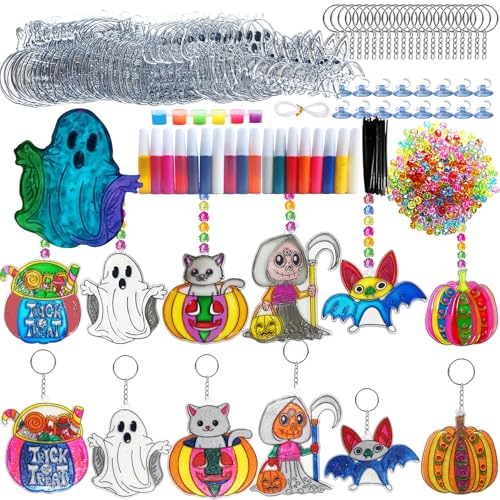 Ayhuhra 30 Set Halloween Suncatcher Keychain Craft Kits, DIY Window Art | Witch, pumpkin, bat, cat and ghost crafts for Halloween parties, trick or treat decor, spooky windows, and fall art projects - style: Halloween