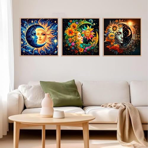 Axquilon 3 Pack Sun and Moon Diamond Art Kits for Adults 12x12inch | Diamond Painting Kits for Adults, 5D Round Full Drill Gem Art Paint by Diamonds Pictures DIY Crafts Kits - color: 3 Pack Sun Moon
