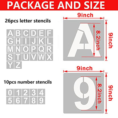 YEAJON 9 Inch Letter Stencils and Numbers, 36 Pcs Alphabet Art Craft Stencils, Reusable Plastic Templates for Wood, Wall, Fabric, Rock, Signage, DIY Art Projects (9 Inch) - size: 9 Inch