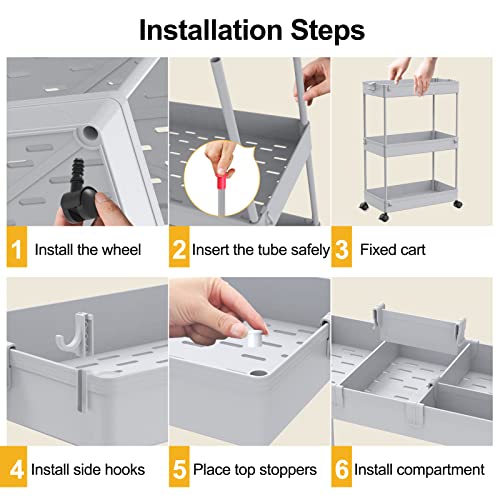 SPACELEAD 3 Tier Rolling Cart with Wheels, Storage Craft Art Trolley Organizer Serving, 3 Hanging Baskets Easy Assembly, for Office, Living Room, Kitchen, Gray - color: Gray