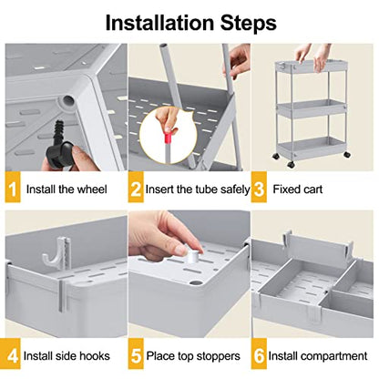 SPACELEAD 3 Tier Rolling Cart with Wheels, Storage Craft Art Trolley Organizer Serving, 3 Hanging Baskets Easy Assembly, for Office, Living Room, Kitchen, Gray - color: Gray