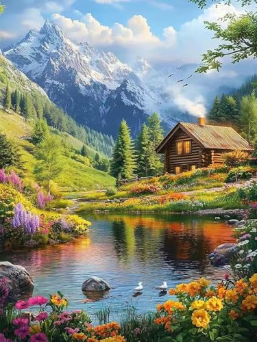 Accompany Wind Mountain Diamond Art Kits for Adults, 5D Mountain Cabin Landscape Diamond Painting Kits for Beginners,DIY Round Full Drill Diamonds Gem Art Crafts for Home Wall Decor Gifts 12x16 Inch - color: Snowy mountain cabin