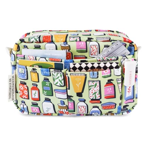 Multiple Pockets Portfolio Organizer with Zipper,Makeup Bag Pencil Pouch | Adult Travel Portable Waterproof Stationery Bag for Journal Tools,Art Supplies,Office Gadgets and Cosmetics.Green Wash