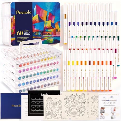 finenolo 60 Colors Brush Tip Acrylic Paint Markers, Water-Based Paint Pens | Waterproof, non-toxic, fast-drying acrylic markers, for rock painting, wood, glass, ceramic, fabric, metal, diy crafts - color: 60 Colors