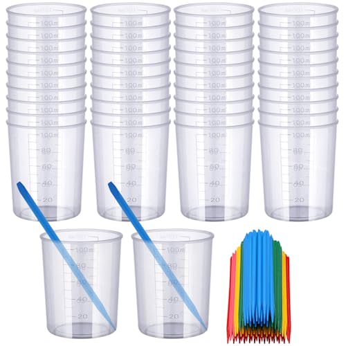 90PCS Epoxy Mixing Cups Kit, 40PCS 100ml Disposable Graduated Cups Transparent Scale Cups with 50 Pack Pointed Stirring Sticks for Paint Mixing, Jewelry Making, Liquid Measuring - color: Clear cups+point stick, size: 100ml