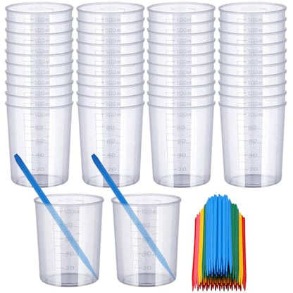 90PCS Epoxy Mixing Cups Kit, 40PCS 100ml Disposable Graduated Cups Transparent Scale Cups with 50 Pack Pointed Stirring Sticks for Paint Mixing, Jewelry Making, Liquid Measuring - color: Clear cups+point stick, size: 100ml