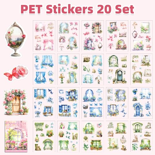 Fallen Flowers Courtyard Sticker Scrapbooking Supplies for Junk Journal, 20 Sheets PET Stickers - Vintage Journaling Stickers, Ephemera Sticker Book Pre Cut(TZ-009-001) - style: Fallen Flowers Courtyard