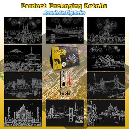 DESINIK Scratch Art Book for Adults and Teens-Rainbow Scratch Painting Art Kit, DIY Craft Kit with 1 Rainbow Scratch Art Book and 4 Tools, Landmark City Series - color: Landmark City Series