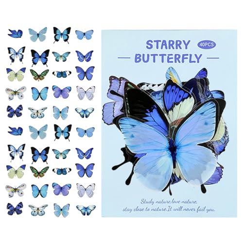 40Pcs Vintage Stickers,Waterproof Transparent PET Aesthetic Decorative Sticker Scrapbooking Supplies for Adult Card Making Letters Planner Junk Journal Water Bottles Art Craft.Blue Butterfly - color: Blue Butterfly