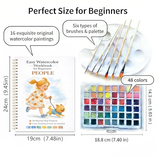 Watercolor Workbook for Beginners – People, 16 Original Watercolor Projects, Watercolor Kit with 48 Colors Paint Set, 6 Brushes & Palette, Watercolor Workbook for Adults,Creative Art Gift - color: People, size: with palette