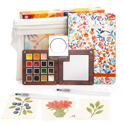 Mini Watercolor Paint Set - 15 Color Travel Watercolor Kit, Pocket Watercolor Paint Palette Set with Watercolor Book, Binder Clips, Pens, Storage Bag, Wooden Paint Box for Painters Artists Student - color: Red Flowers