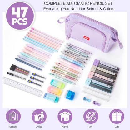 Eersida 47 Pcs Aesthetic School Supplies with Cute Pen Case, Mechanical Pencils 0.5mm, 0.7mm, 0.9mm & 2.0mm with Leads and Eraser Refills, Wood Pencils #2, for Writing, Drawing & Drafting(Purple) - color: Purple