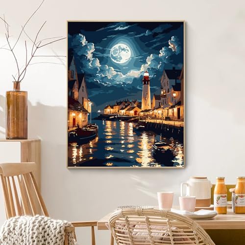 PRASIO Paint by Numbers Kit for Adults Beginner, Landscape Adult Paint by Number Kits on Canvas, DIY Acrylic Watercolor Oil Paint by Number for Adults for Home Decor Gift 16x20 Inch - color: XM-OP-SeasideLighthouse-4050