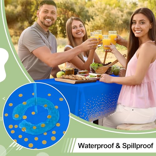 3 Packs Dot Disposable Table Cloth, 54 x 108 Inch Waterproof Plastic Tablecloth, Rectangle Gold Dots in Blue Table Covers for Picnic, Birthday, Party and Back to School - color: Gold in Blue, size: 54" x 108"